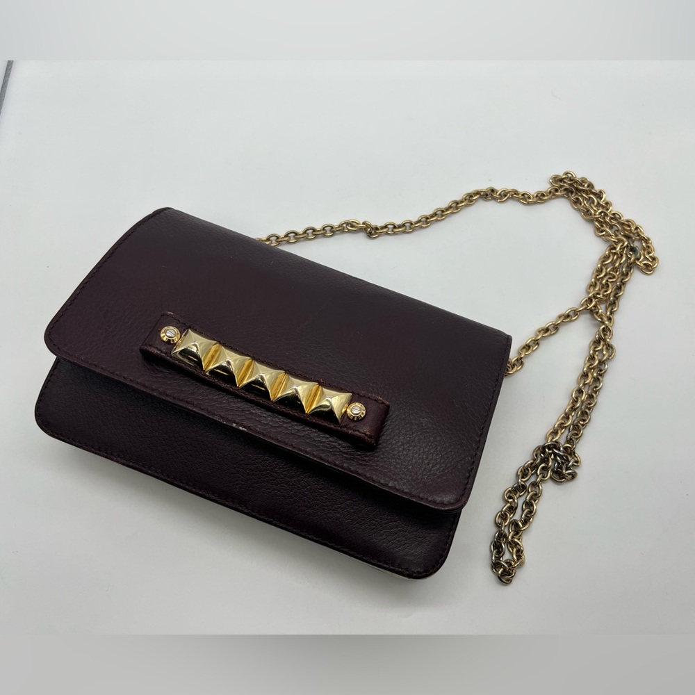 HENRI BENDEL Burgundy Leather WOC Gold Chain Crossbody Bag Studded Clutch